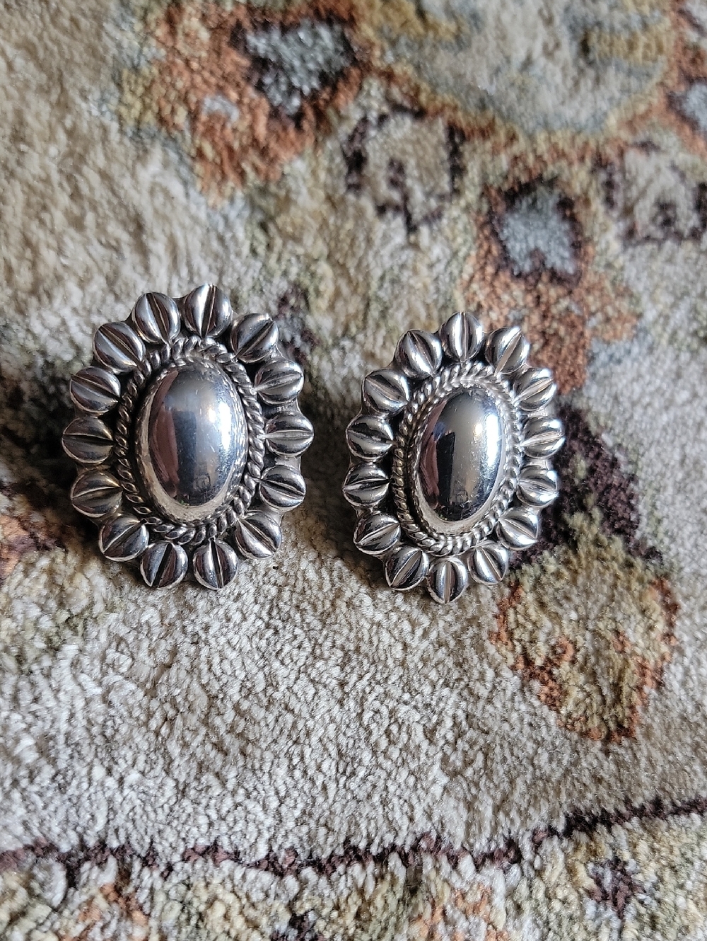 Sterling Silver Oval Floral Post Earrings - Silver